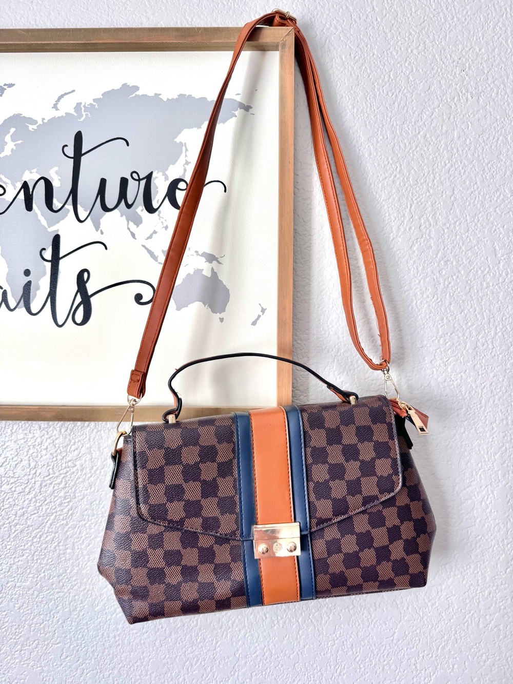 Brown checkered boutique crossbody purse